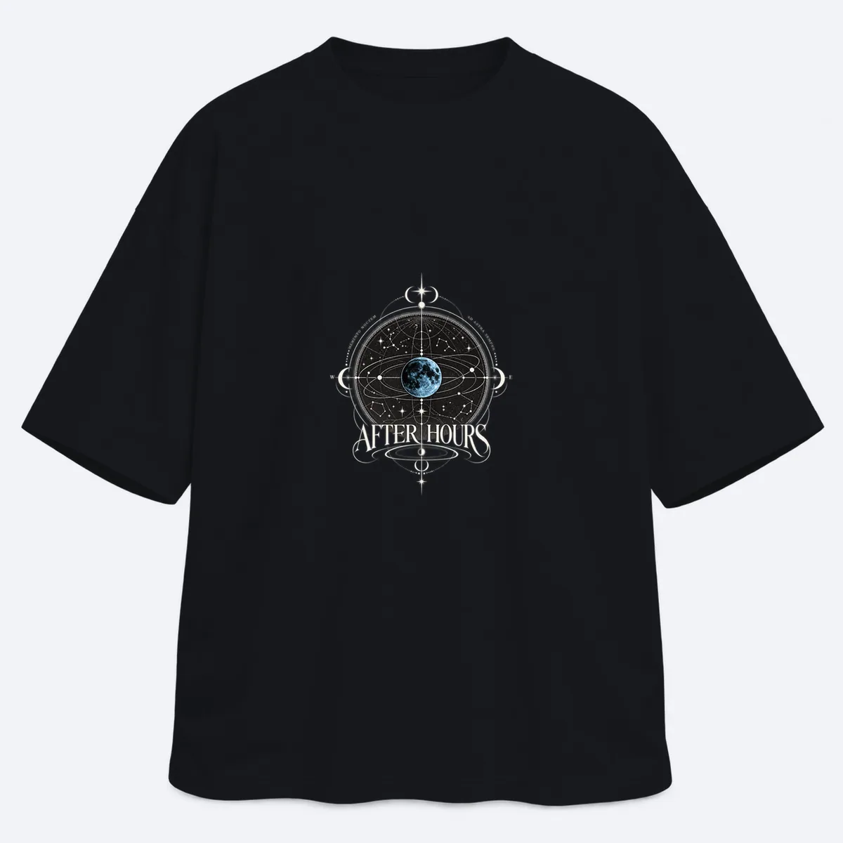 After Hours Atlas men's oversized black graphic T-shirt, front view