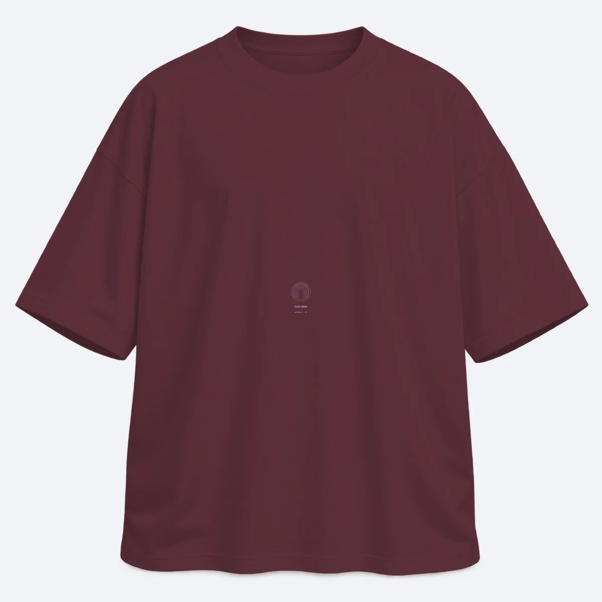 Between Friends men's oversized burgundy graphic T-shirt, front view