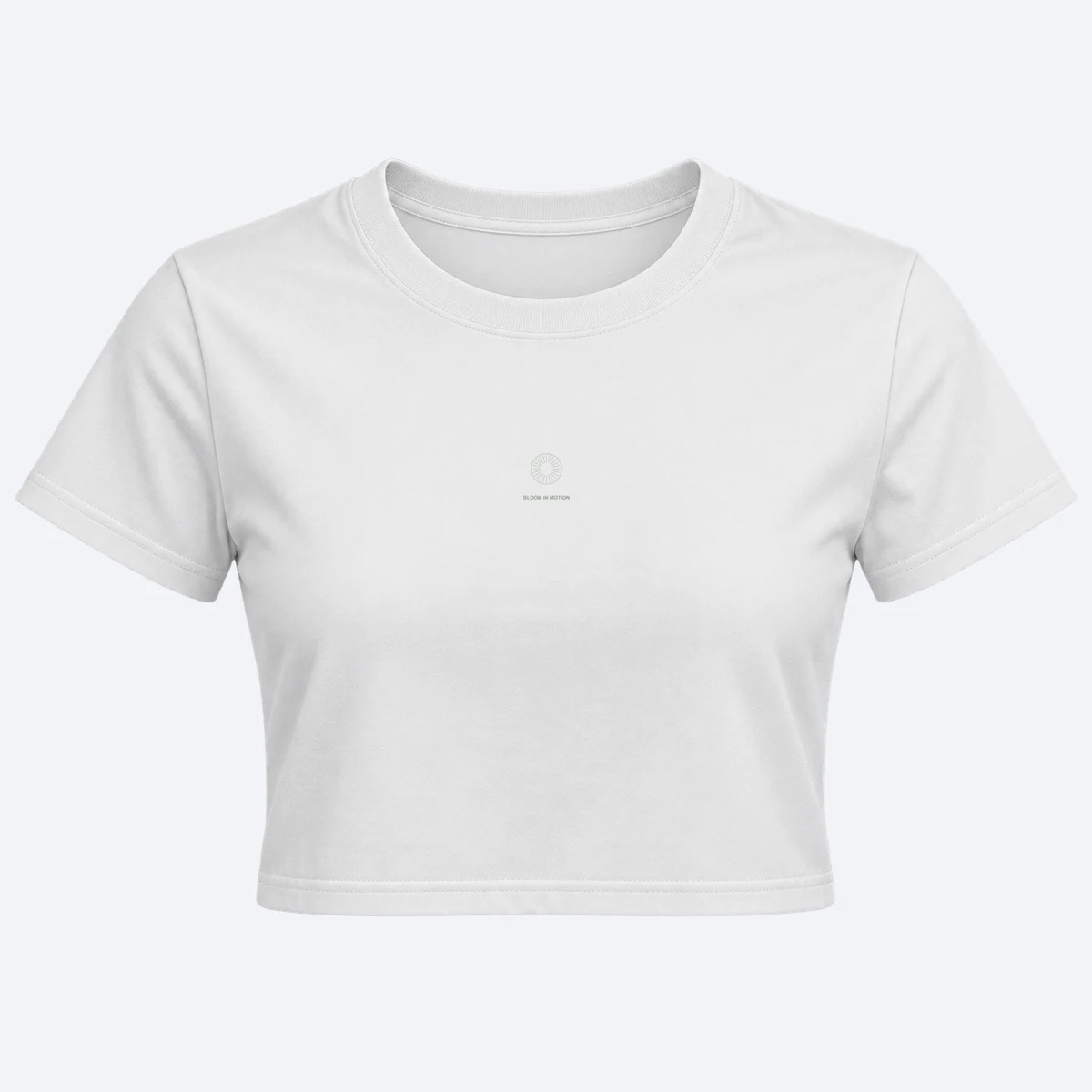 Bloom In Motion women's crop top white graphic T-shirt, front view