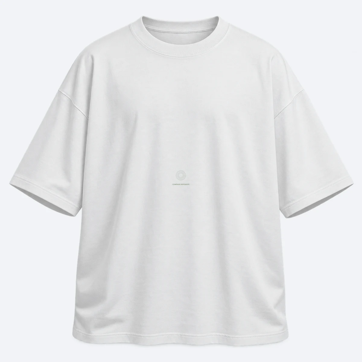 Compass Defender men's oversized white graphic T-shirt, front view