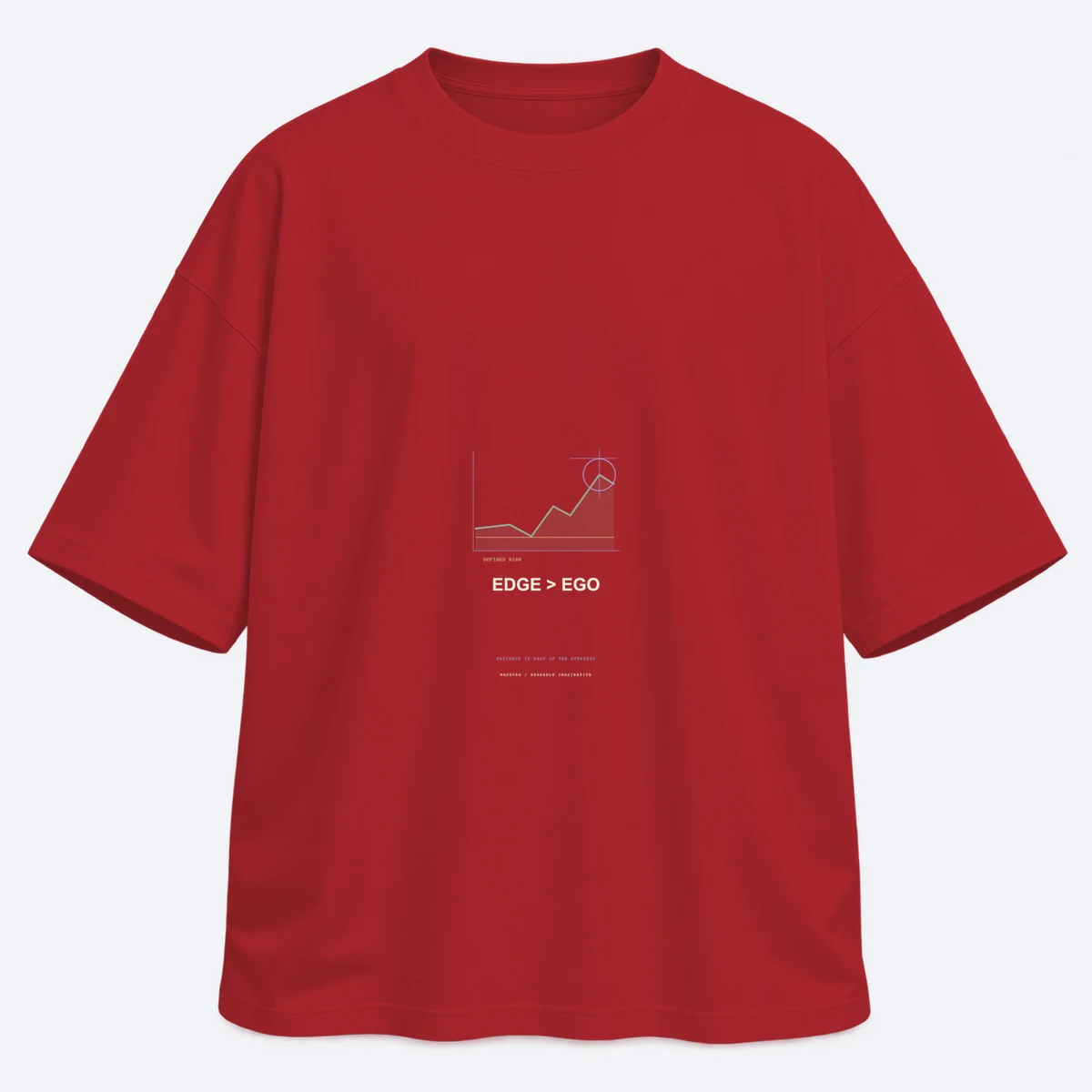 Edge Over Ego men's oversized red graphic T-shirt, front view