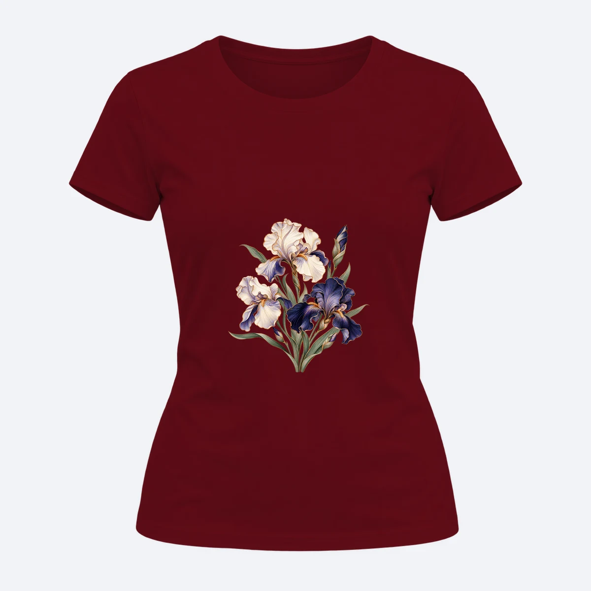 Iris Study women's regular fit – women's curved silhouette maroon graphic T-shirt, front view