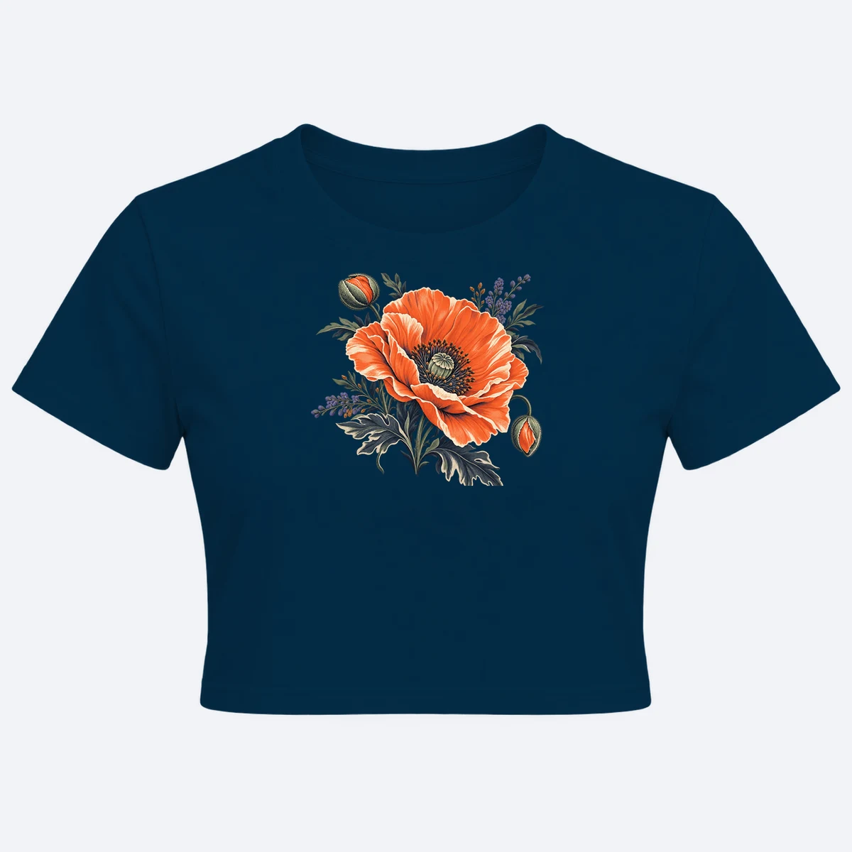 Night Poppy women's crop top navy blue graphic T-shirt, front view