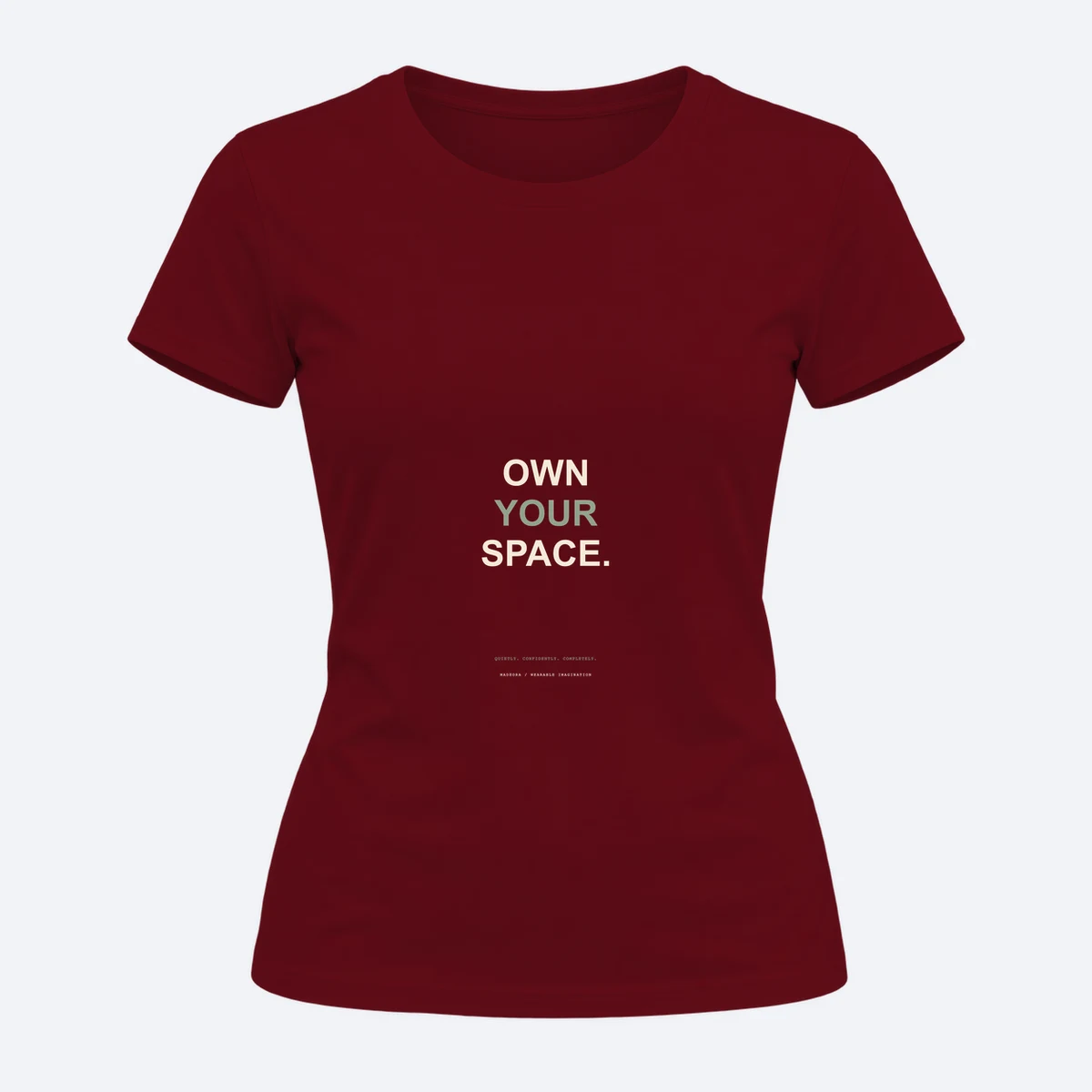 Own the Room women's regular fit – women's curved silhouette maroon graphic T-shirt, front view