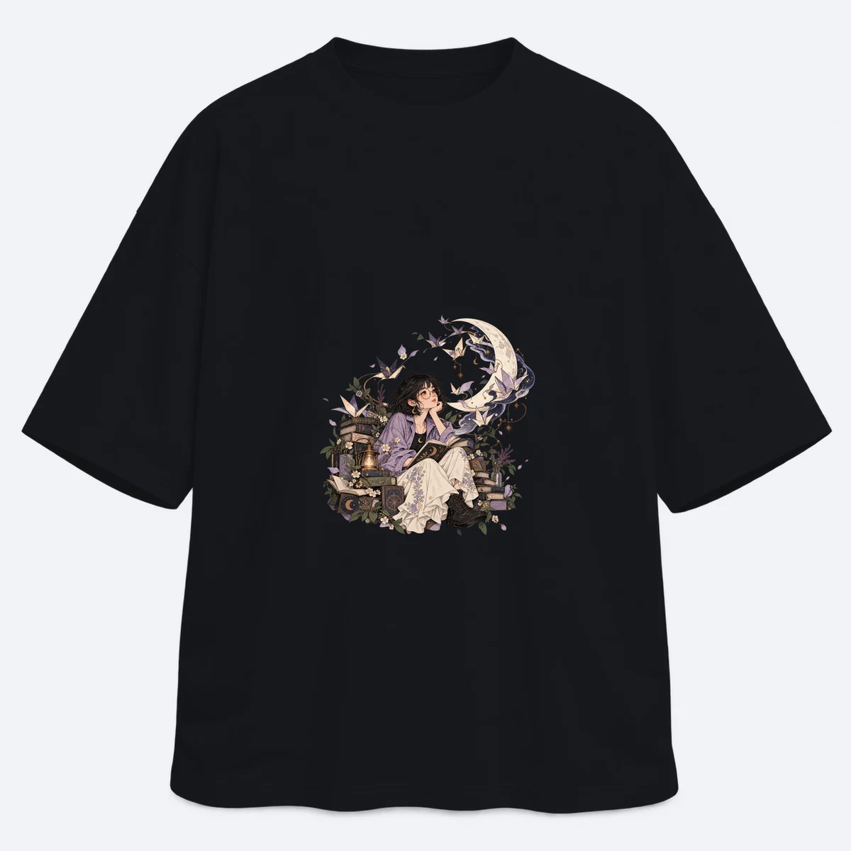 Paper Moon Reader men's oversized black graphic T-shirt, front view