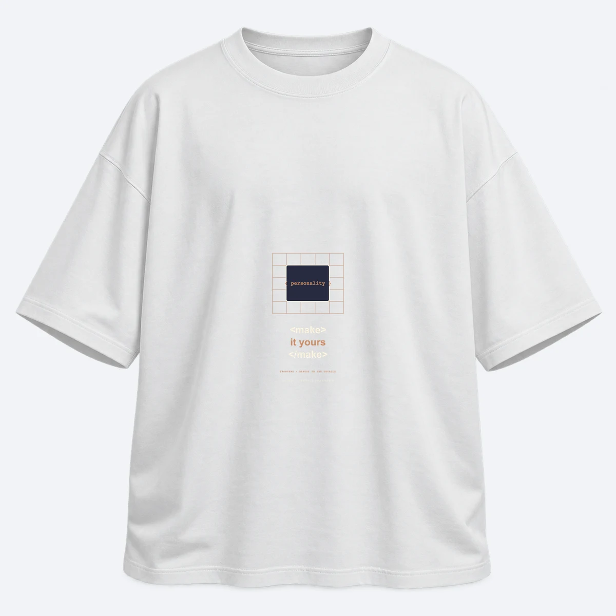 Pixel Perfection men's oversized white graphic T-shirt, front view
