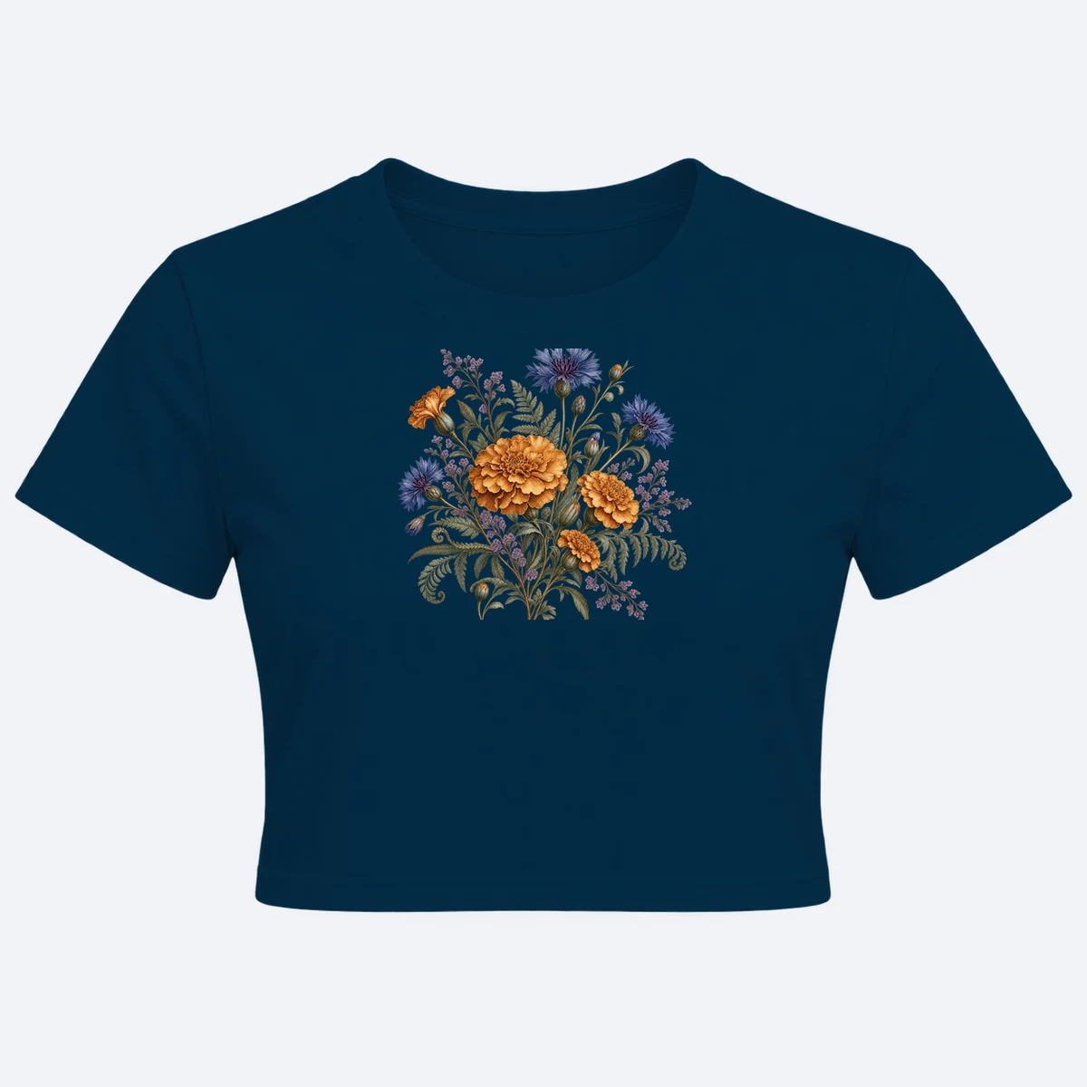 Pressed Garden women's crop top navy blue graphic T-shirt, front view