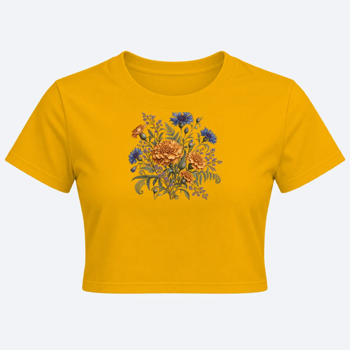 Pressed Garden women's regular fit – cropped length golden yellow graphic T-shirt, front view