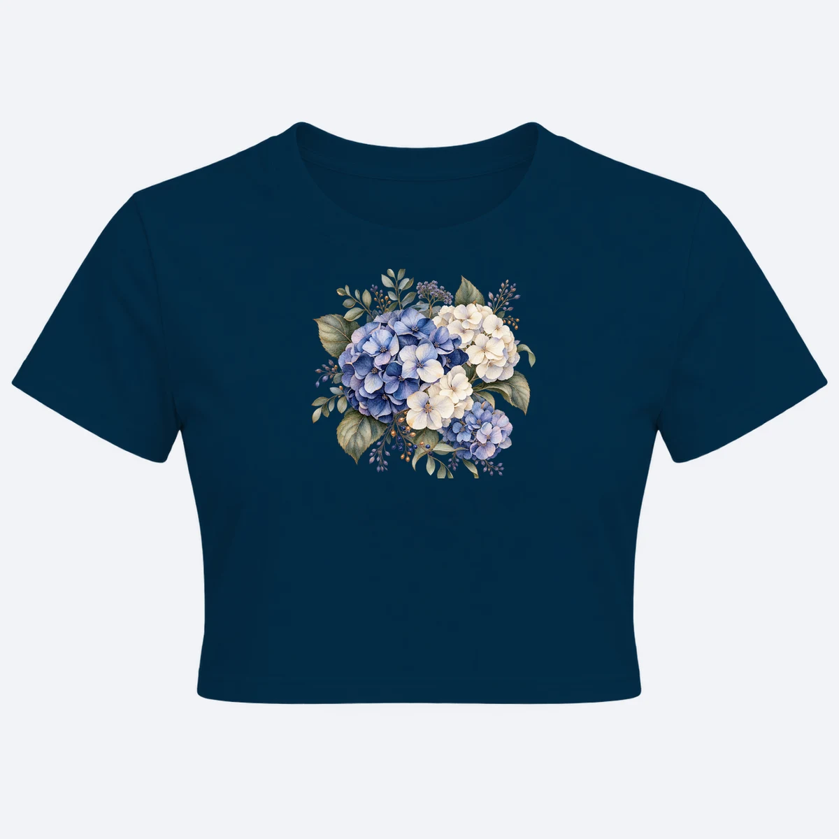 Rain Garden women's crop top navy blue graphic T-shirt, front view