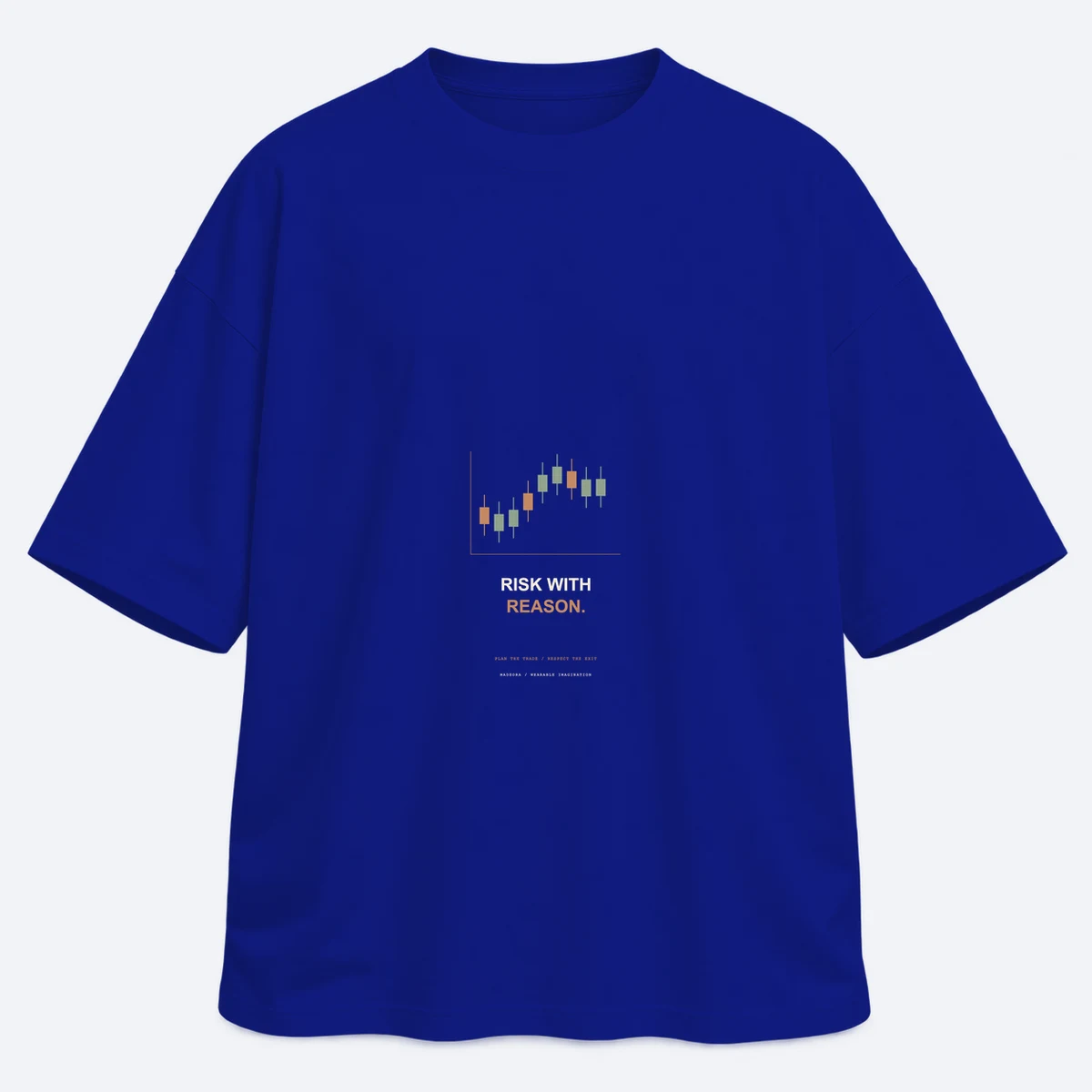 Risk with Reason men's oversized royal blue graphic T-shirt, front view