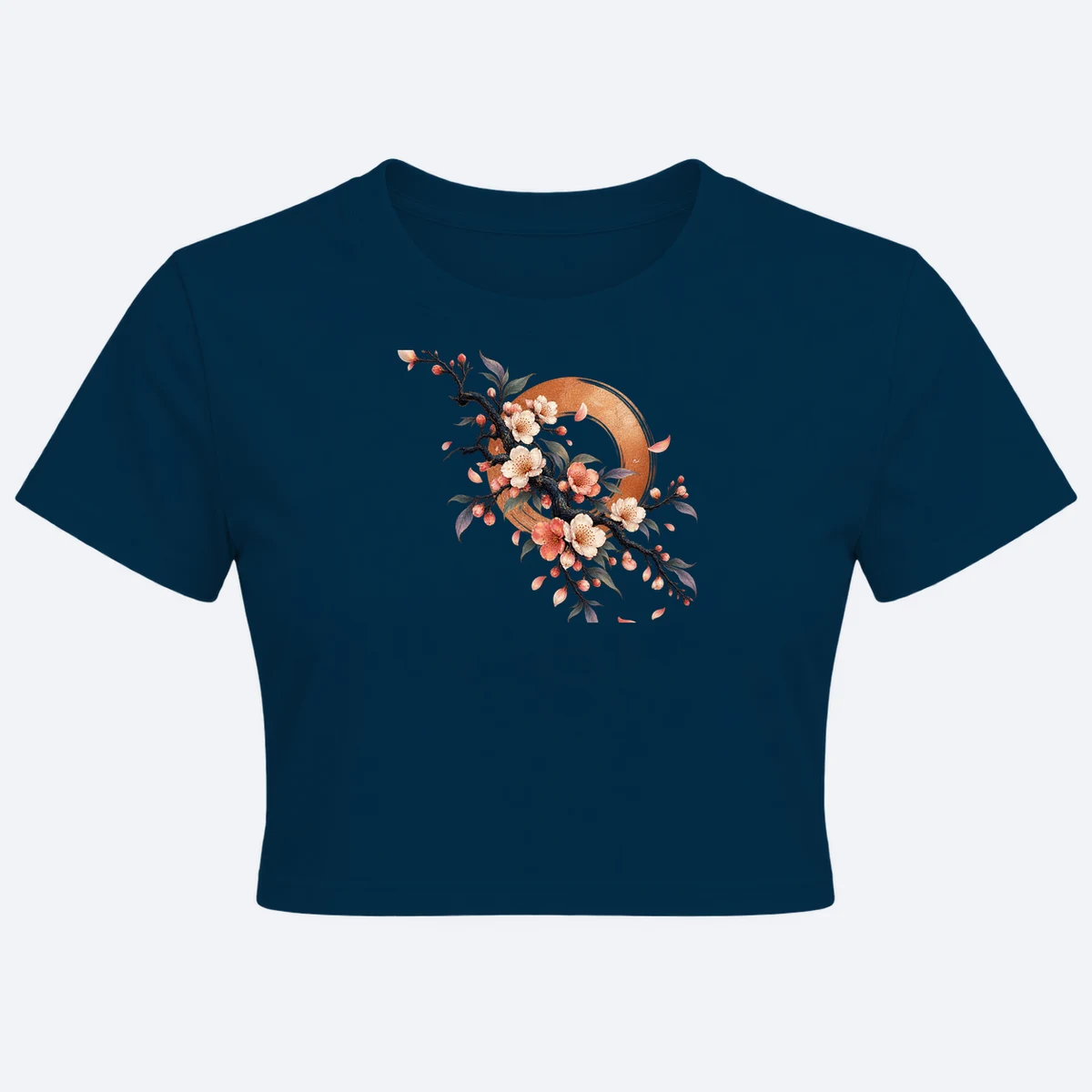 Sakura Drift women's crop top navy blue graphic T-shirt, front view