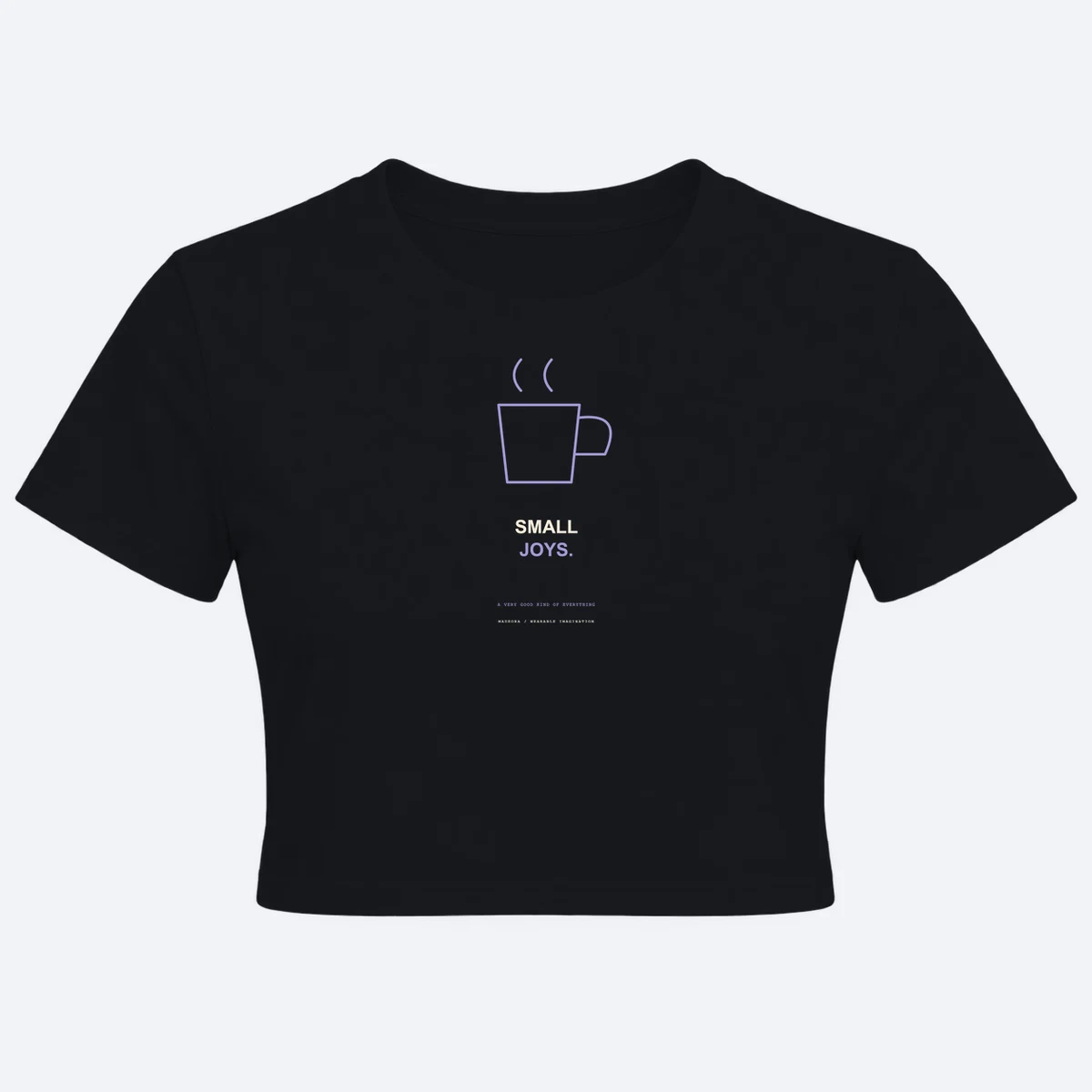 Small Joy Society women's crop top black graphic T-shirt, front view