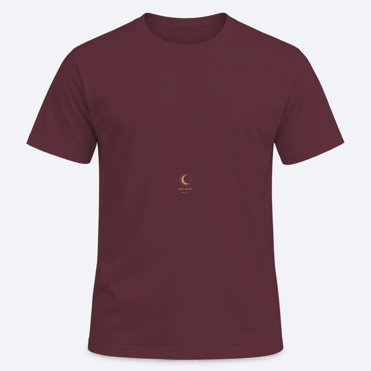 Social Battery men's regular burgundy graphic T-shirt, front view