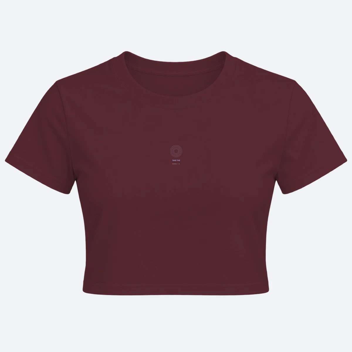 Somewhere Sunlit women's crop top maroon graphic T-shirt, front view