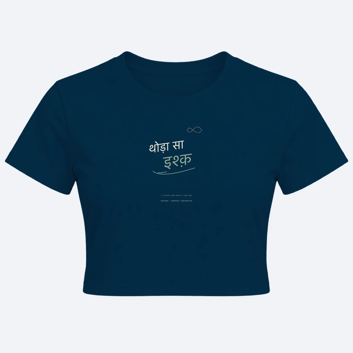 Thoda Sa Ishq women's regular fit – cropped length navy blue graphic T-shirt, front view