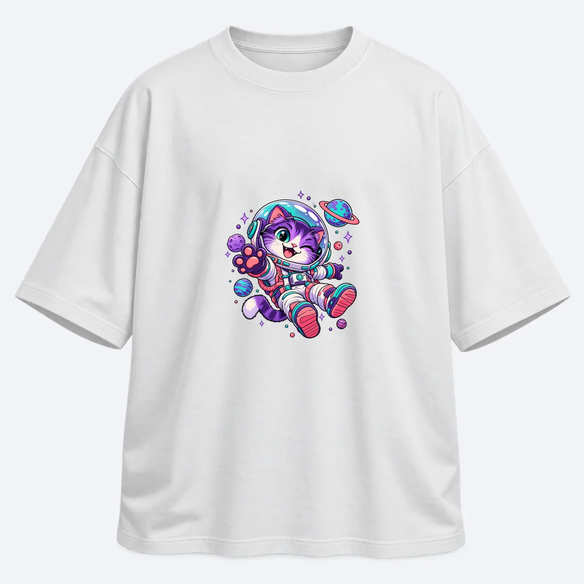 Cosmic Cat men's oversized white graphic T-shirt, front view