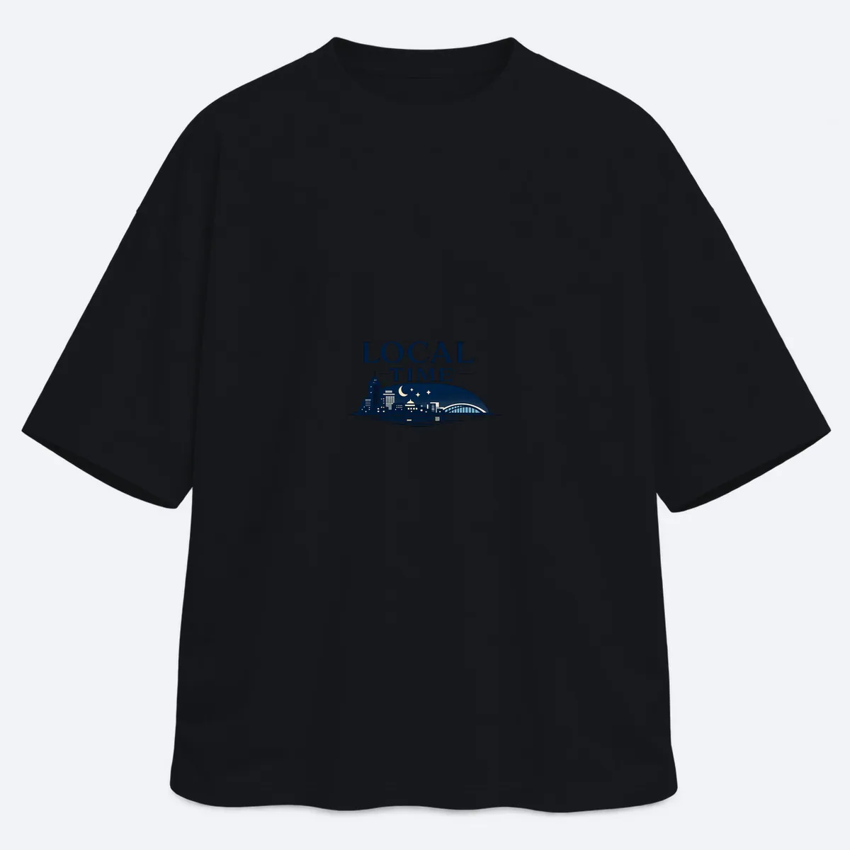 Local Time men's oversized black graphic T-shirt, front view