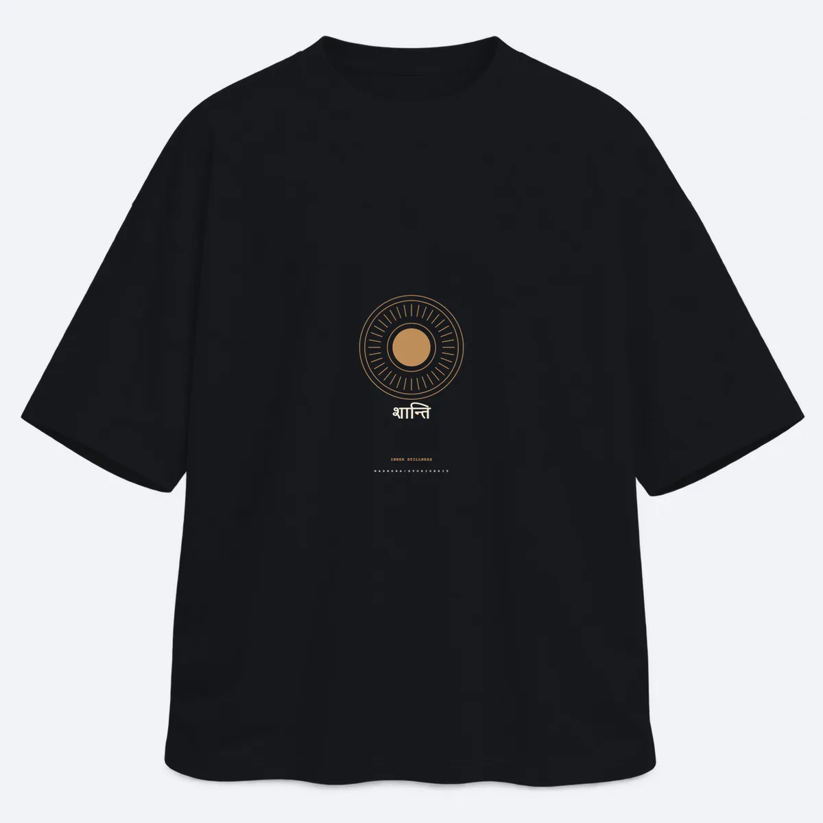 Inner Stillness men's oversized black graphic T-shirt, front view