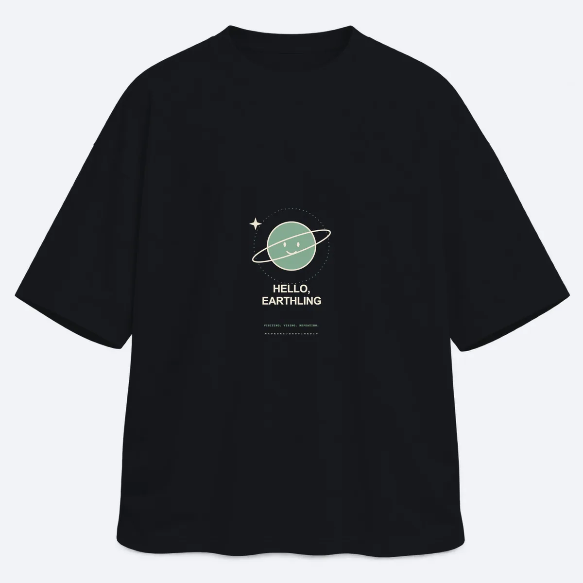 Little Orbit men's oversized black graphic T-shirt, front view