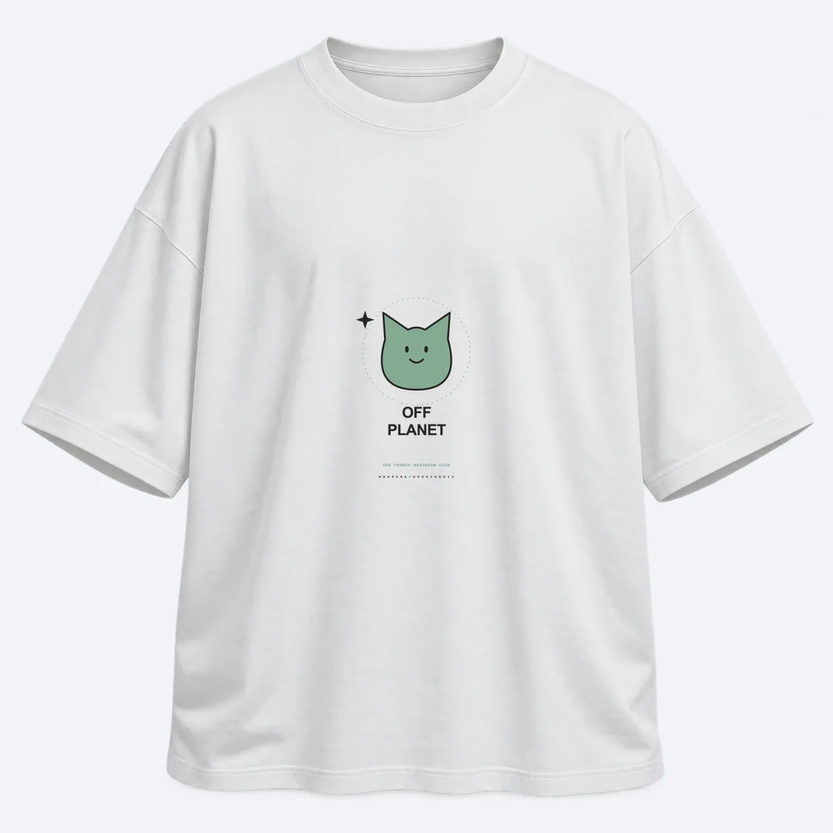 Moon Cat men's oversized white graphic T-shirt, front view
