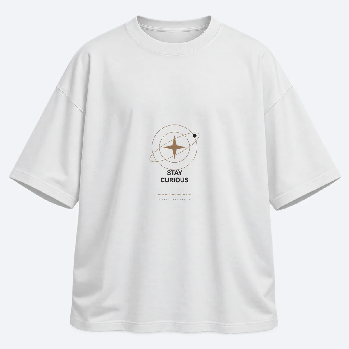 Stay Curious men's oversized white graphic T-shirt, front view