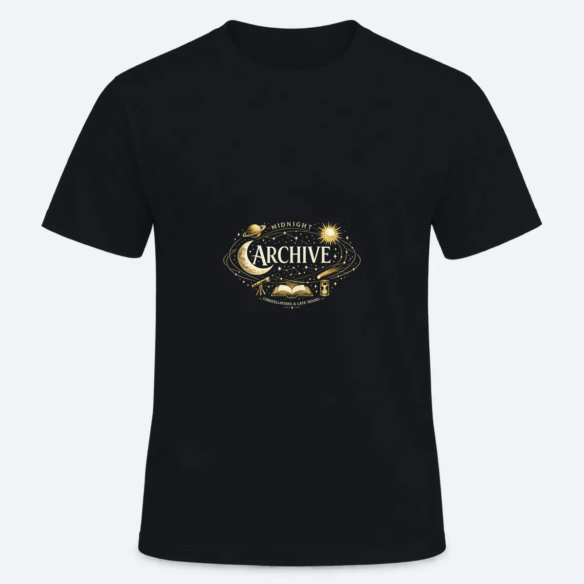 Midnight Archive men's regular black graphic T-shirt, front view