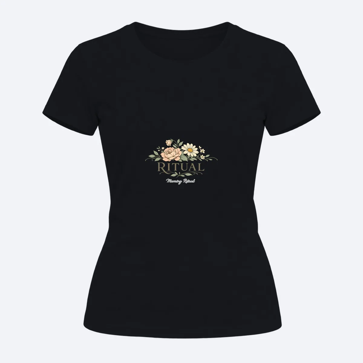 Morning Ritual women's regular black graphic T-shirt, front view