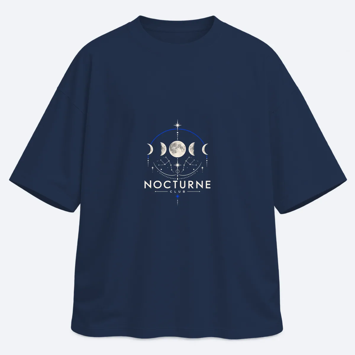 Nocturne Club men's oversized navy graphic T-shirt, front view