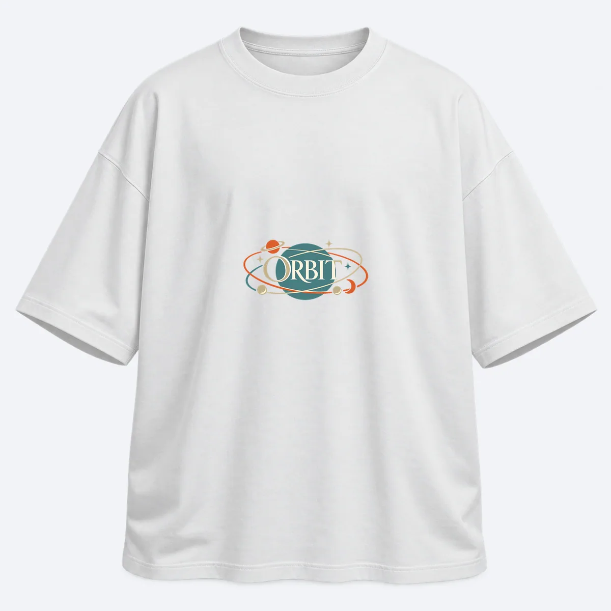 Orbit Society men's oversized white graphic T-shirt, front view