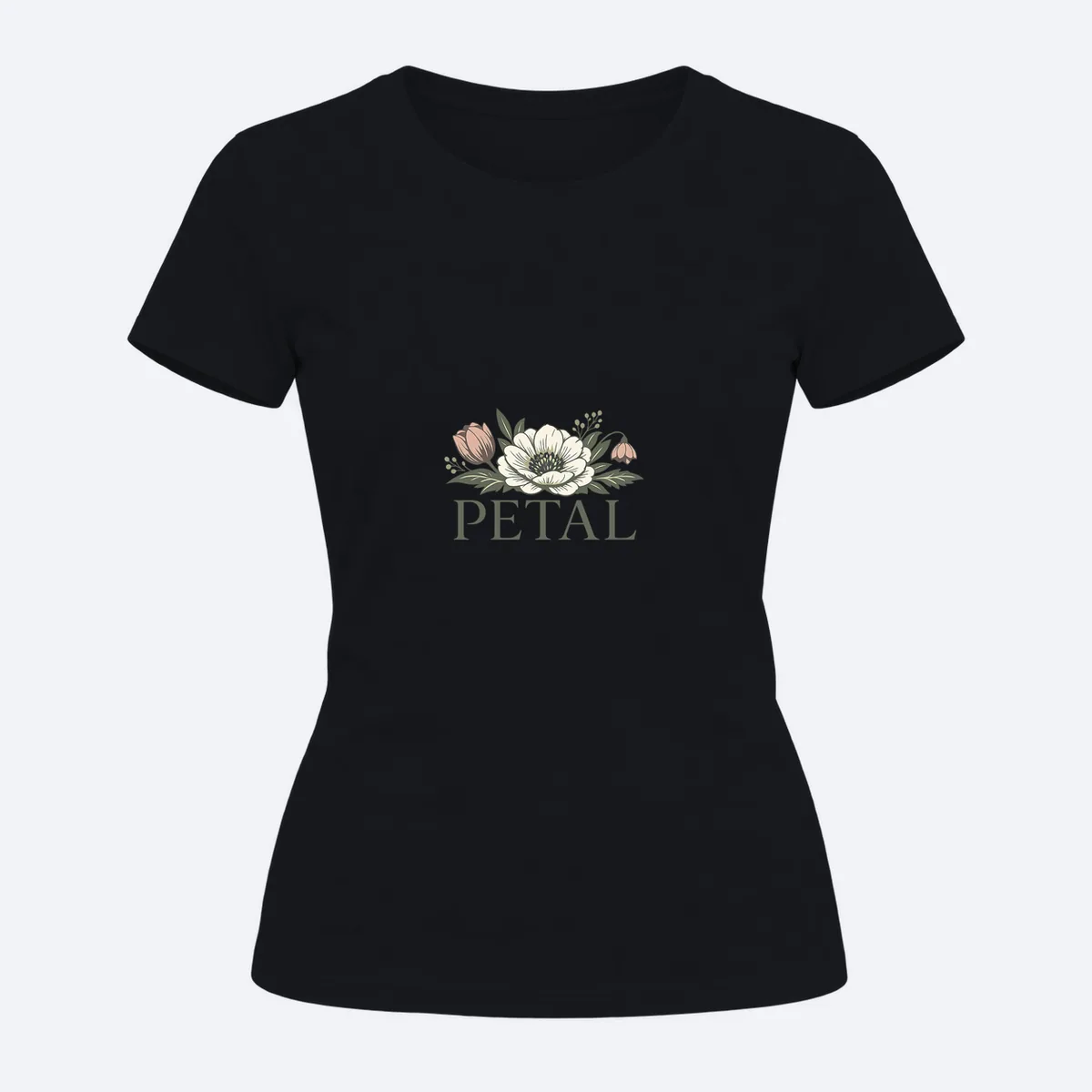 Petal Theory women's regular black graphic T-shirt, front view