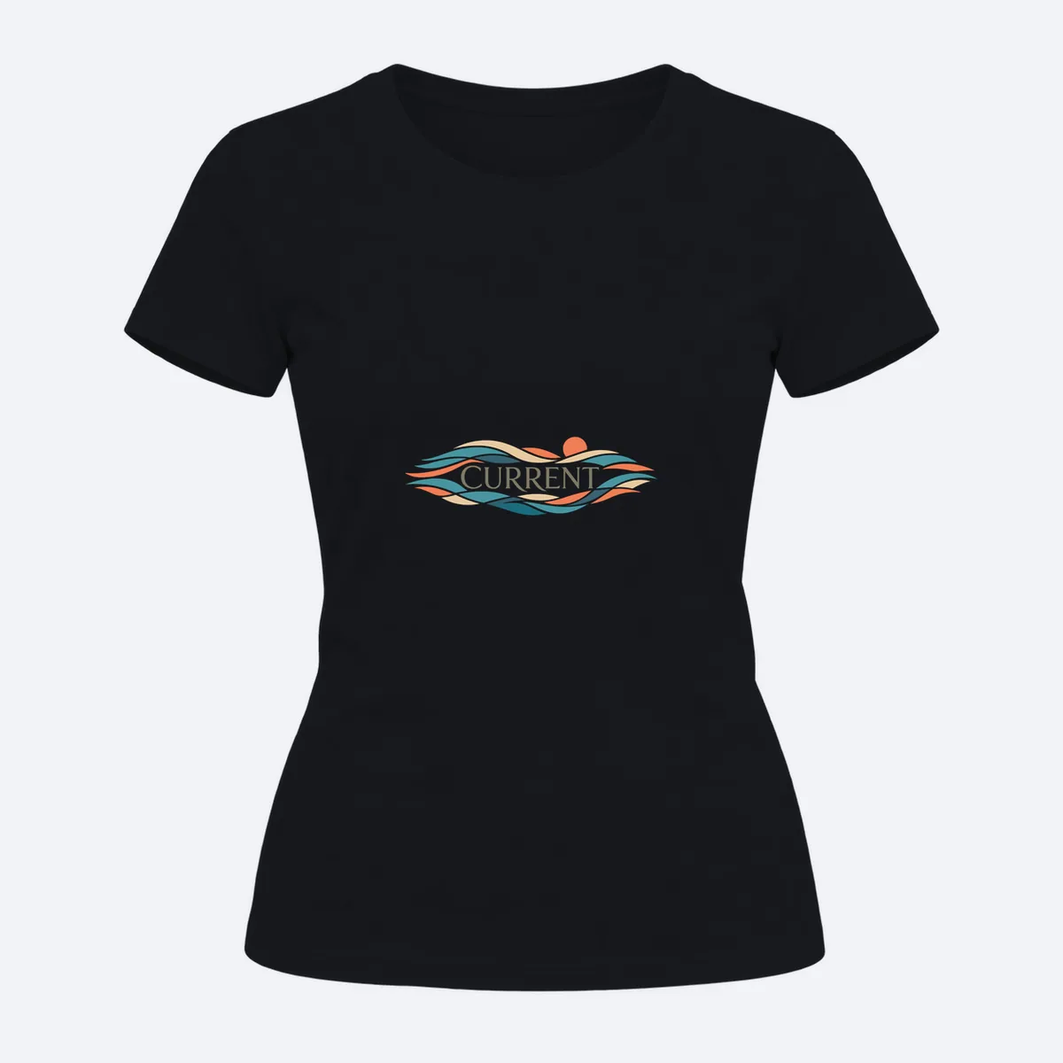 Quiet Current women's regular black graphic T-shirt, front view