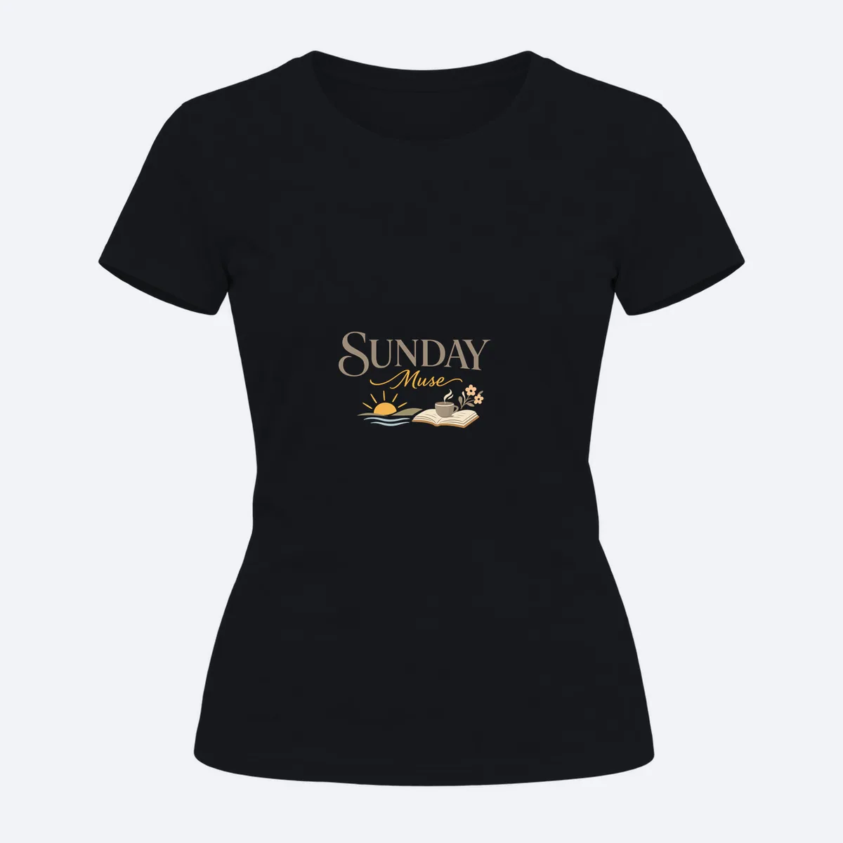 Sunday Muse women's regular black graphic T-shirt, front view
