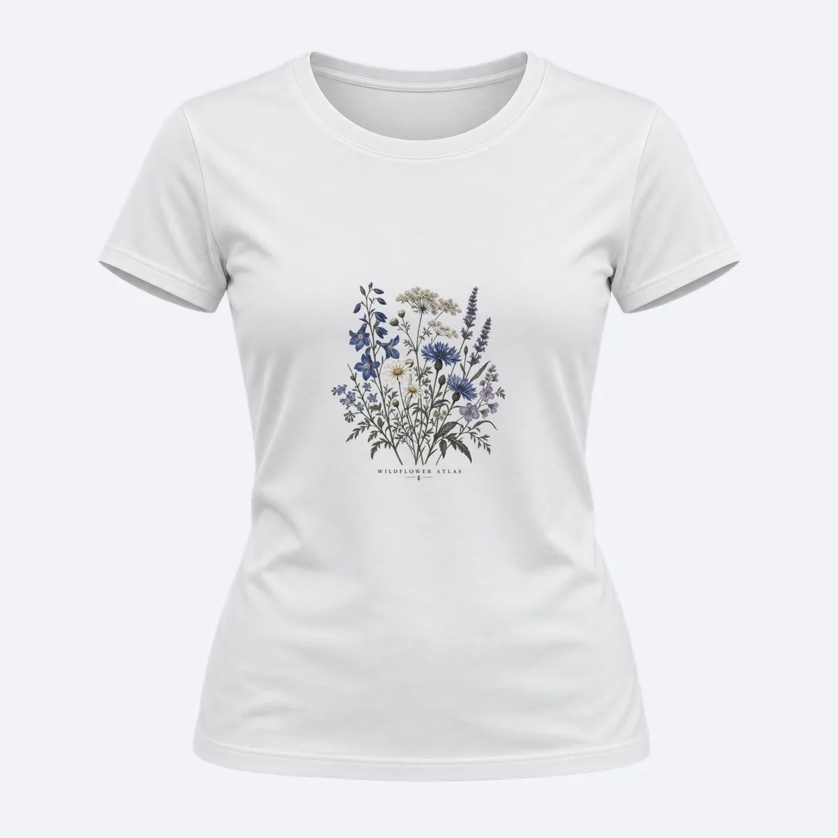 Wildflower Atlas women's regular white graphic T-shirt, front view